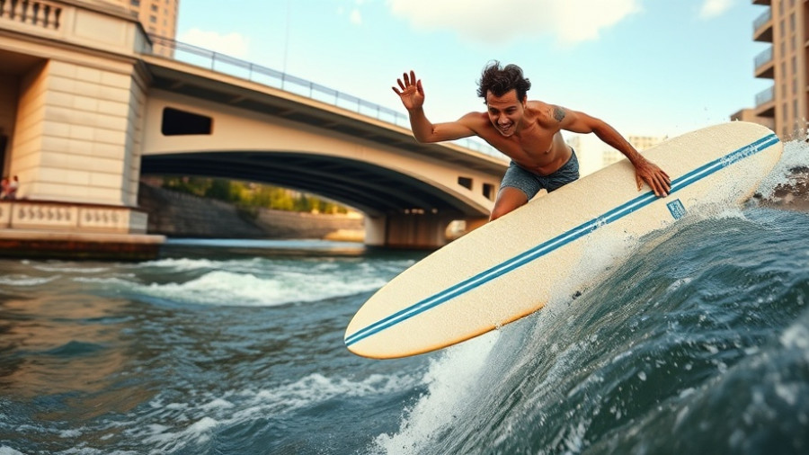 International River Surfing Association surfer energetically jumping into river.