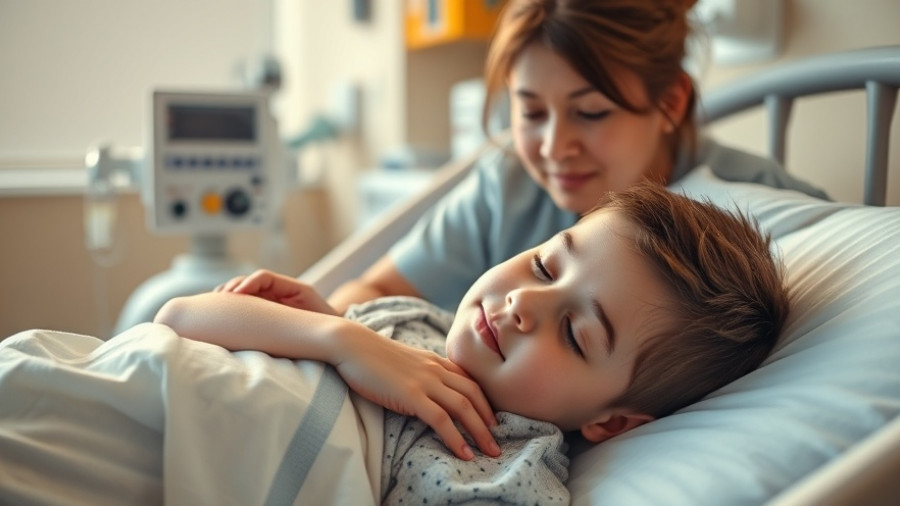 Hospital recovery scene with a boy and caregiver, warm lighting.