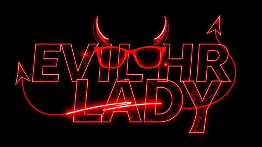 Evil HR Lady illustration with devil horns and tail, scary workplace true stories.