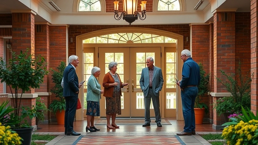 A welcoming senior home entrance where a family engages with their dad, highlighting Medicaid advocacy for seniors.