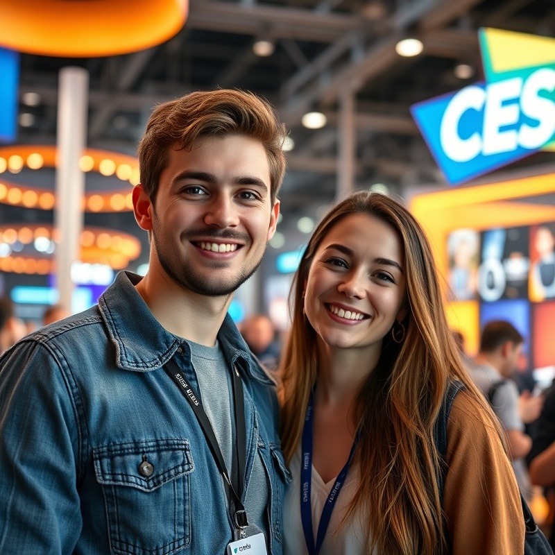 Smart home technology at CES 2025 with attendee.