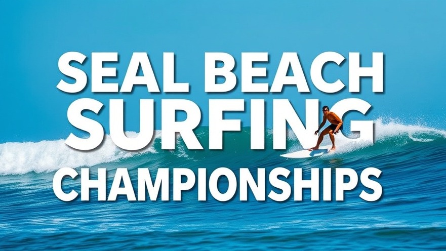 Professional banner for Seal Beach Surfing Championships, highlighting Hurricane Narda and local businesses.