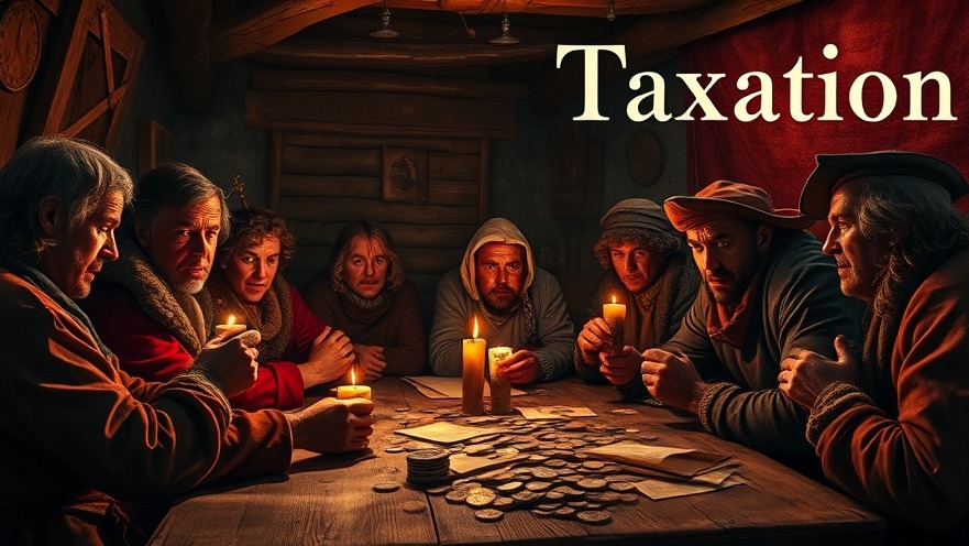 Peasants in a tavern discussing French Revolution taxes under candlelight.