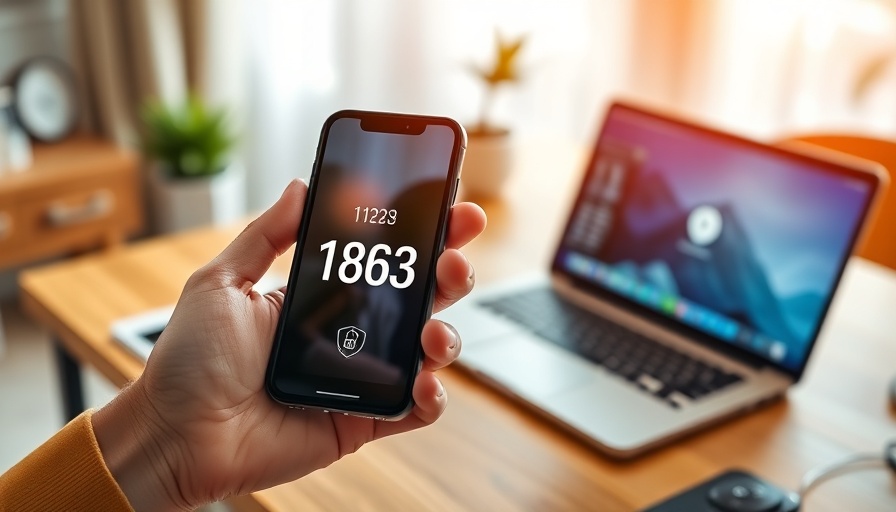 Smart home security app on phone in a modern home office.