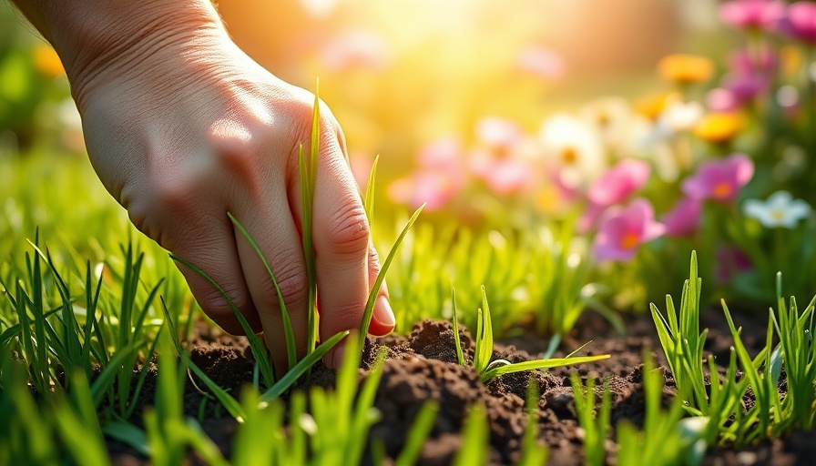 Hand planting grass in lush lawn, vibrant garden background