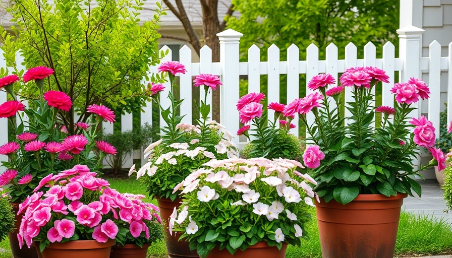 Vibrant foundation plants with pink and white flowers.