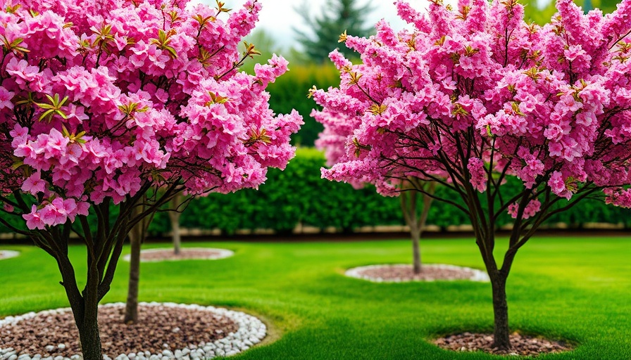 Non-invasive trees with pink blossoms in a landscaped garden