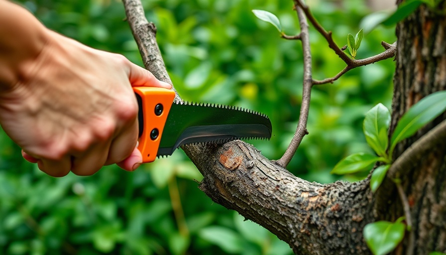 Hand using pruning saw on tree branch, tree cutting tools.