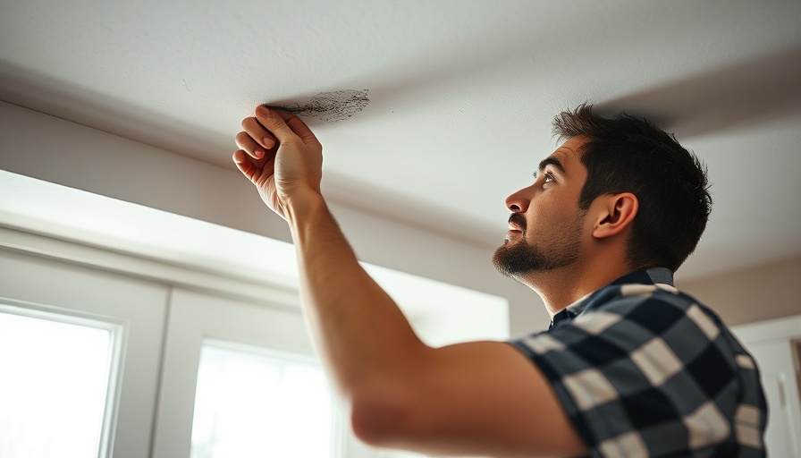 Man engaged in home repair, fixing ceiling crack.