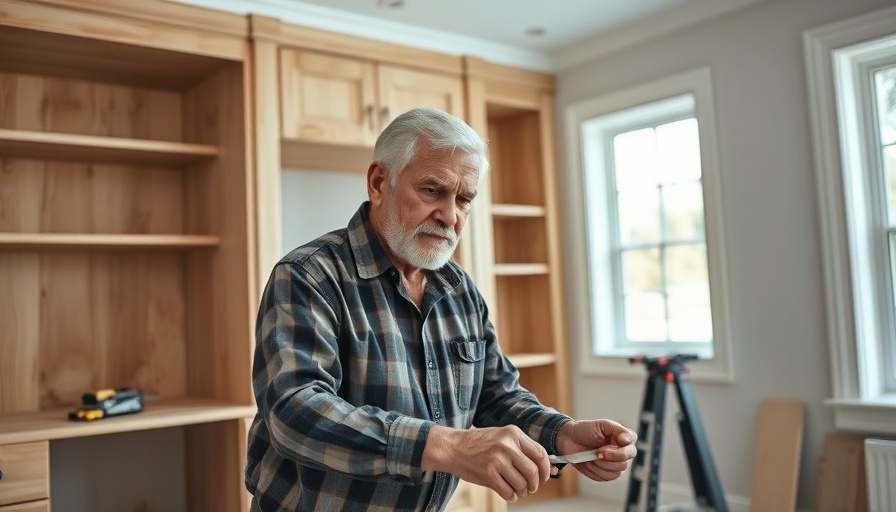 Man installing built-in cabinets with tools and trims.