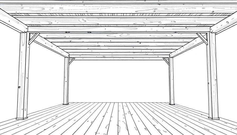 Blueprint style decking frame with beams in perspective