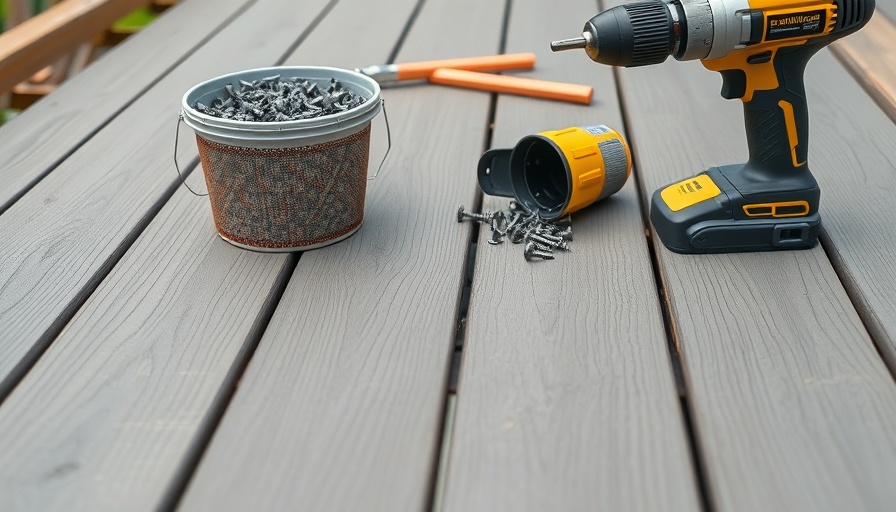 Gray composite decking installation with tools during daylight.