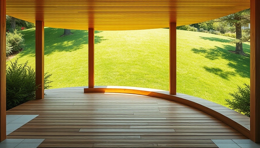 Hardwood decking beside lush lawn and stone tiles.