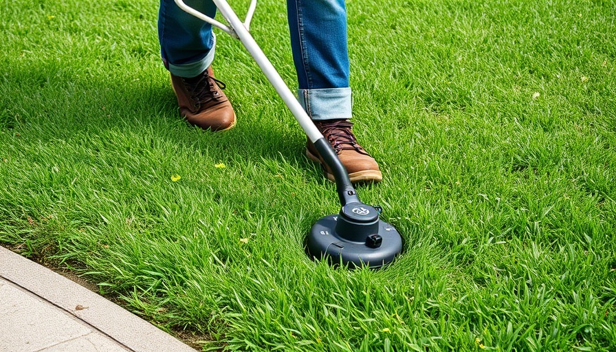 Person edging a lawn with a grass trimmer, wearing jeans and boots.