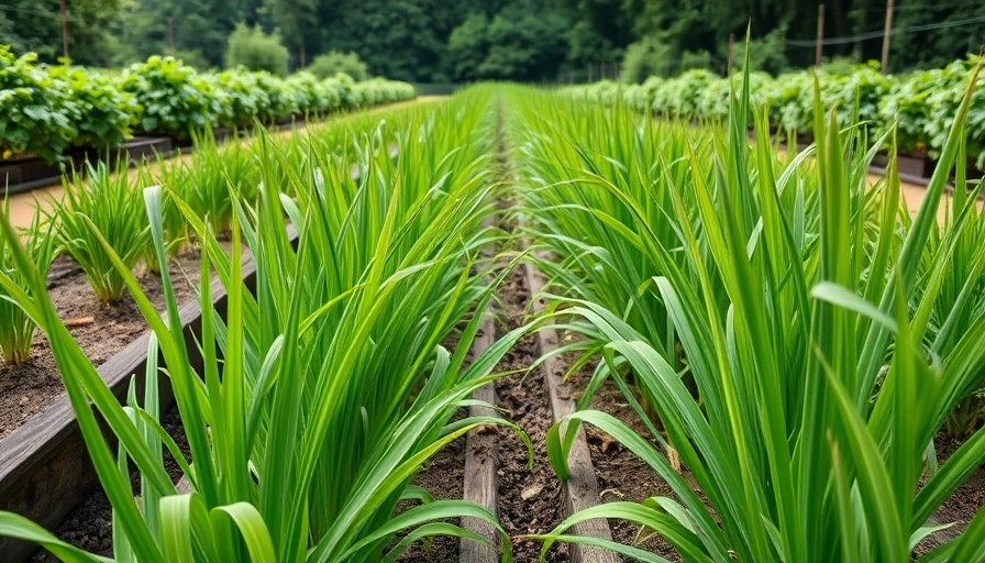 Lush green garlic plants in spring garden beds.