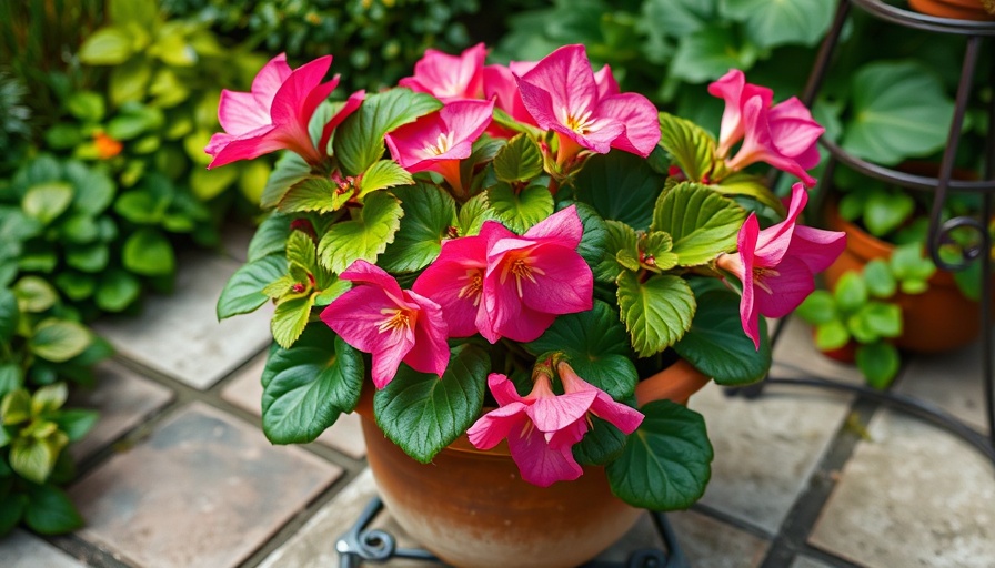 Pink begonia plant in terracotta pot on patio surrounded by greenery.