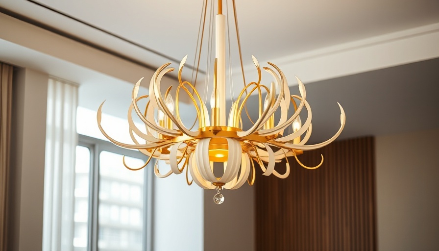 Elegant modern chandelier with gold and white design.
