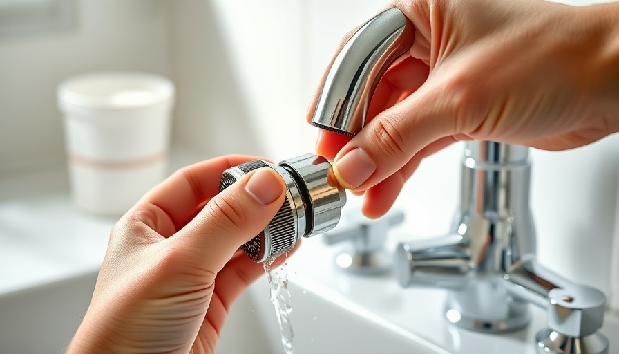 Hands installing water-efficient aerator on faucet in bathroom.