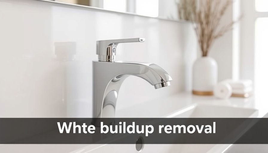 Modern faucet with text on white buildup removal, faucet repair topic.
