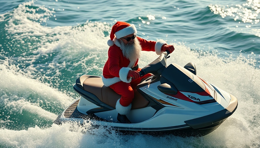 Santa rides jet ski at Bolsa Chica beach in festive outfit.