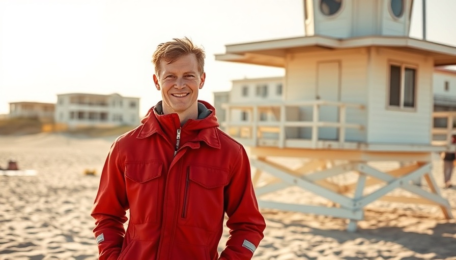 Lifeguard exchange program on a sunny beach with tower.
