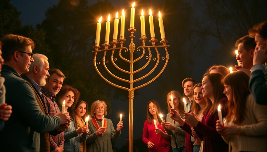 Festive night scene with menorah lighting at Orange County event.