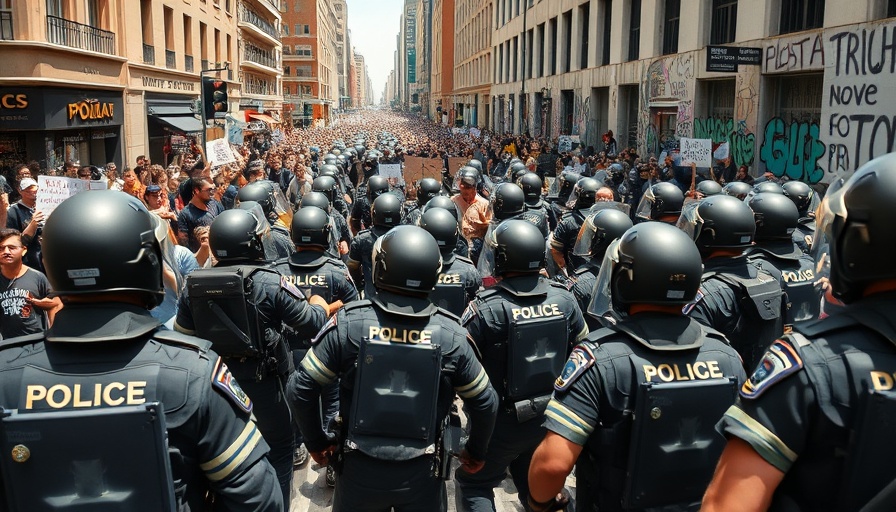 Crowd of protesters and police in street confrontation, urban setting.