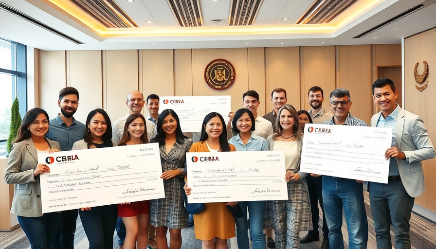 Diverse group holding checks in conference room for Hyundai 5K Run.