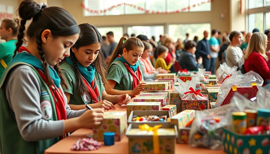 Girl Scouts Operation Waymakers event with scouts preparing gift boxes at a table.