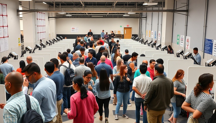 Huntington Beach voters at electoral center with staff and booths.