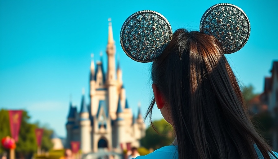 Person with Mickey Mouse ears at theme park, Orange County News.