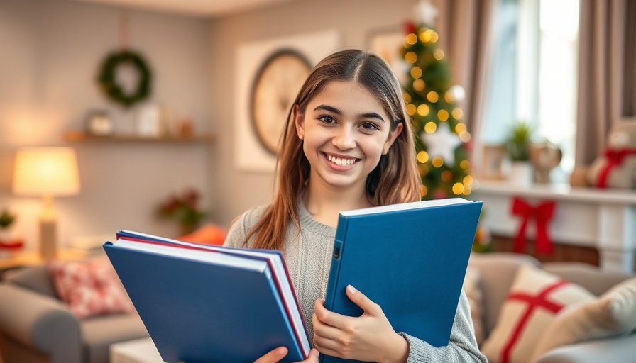 Newport Beach teen success with textbooks in cozy living room.