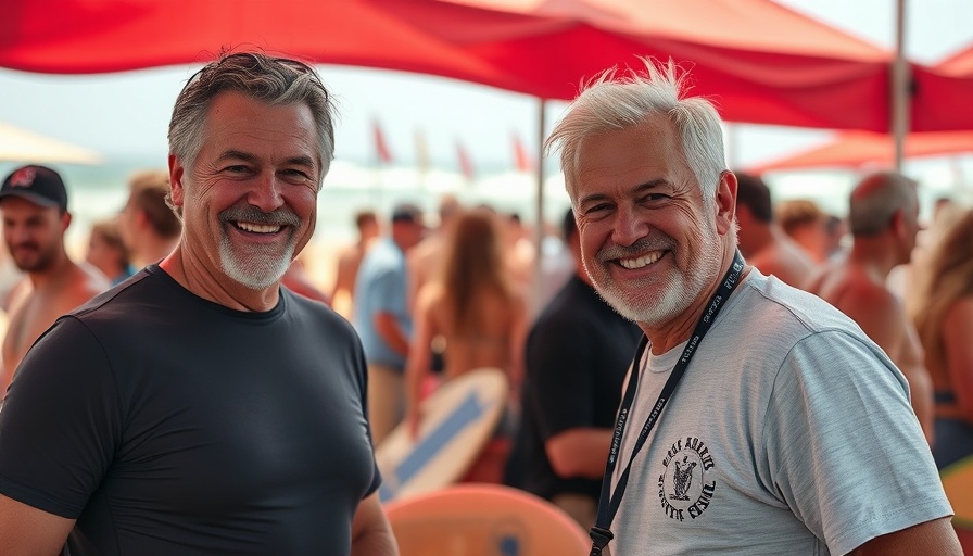 Two smiling men at surf event charity under red tent.