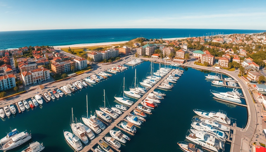 Aerial view of Peter's Landing with many boats moored.