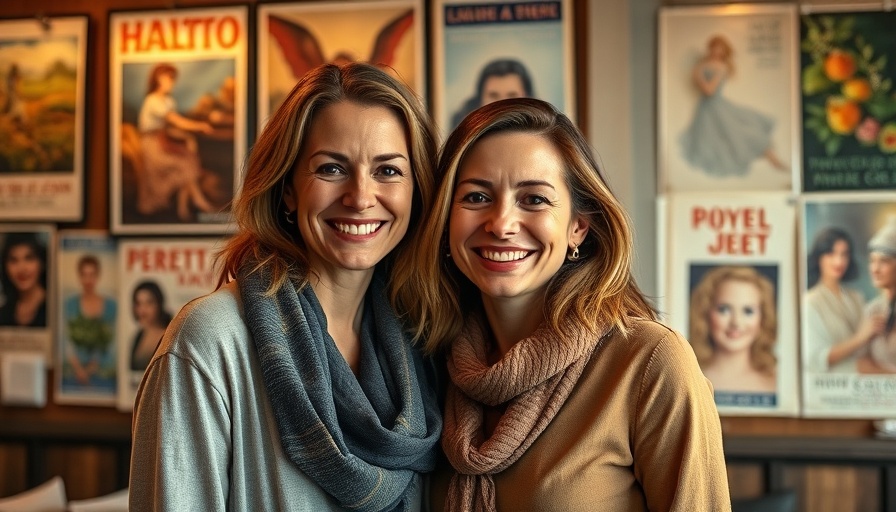 Two women smiling in front of vintage posters, Christmas play setting.