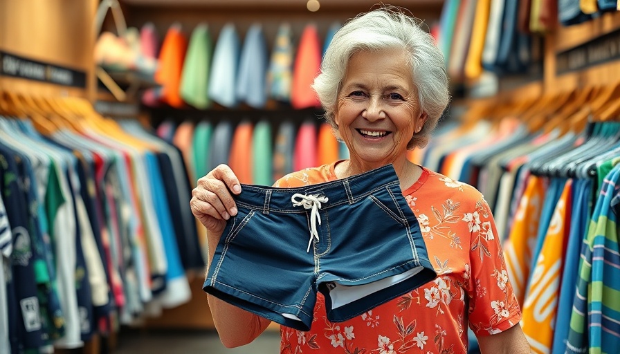 Elderly woman displaying surf fashion in a surf shop.