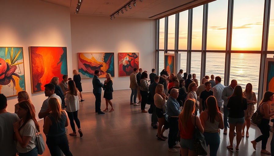Sunset Beach Art Gallery with vibrant paintings, warm lighting.