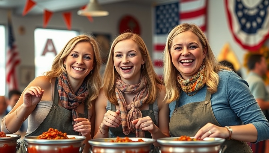 Three women smiling at chili cook-off with festive decor.