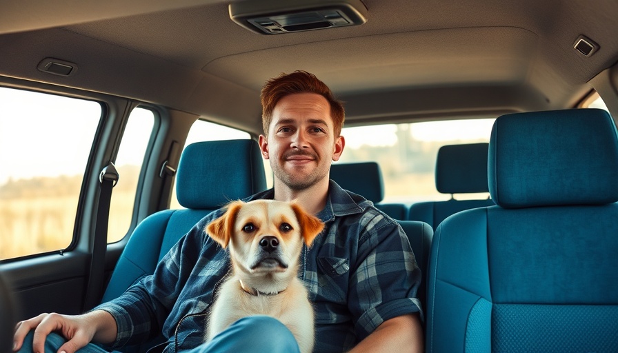 Casual man relaxing in a van with a dog, Sunset Beach Festival vibe.