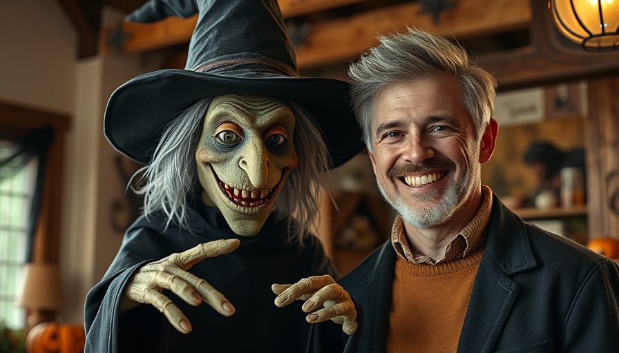Halloween festival setup with witch puppet and smiling man.