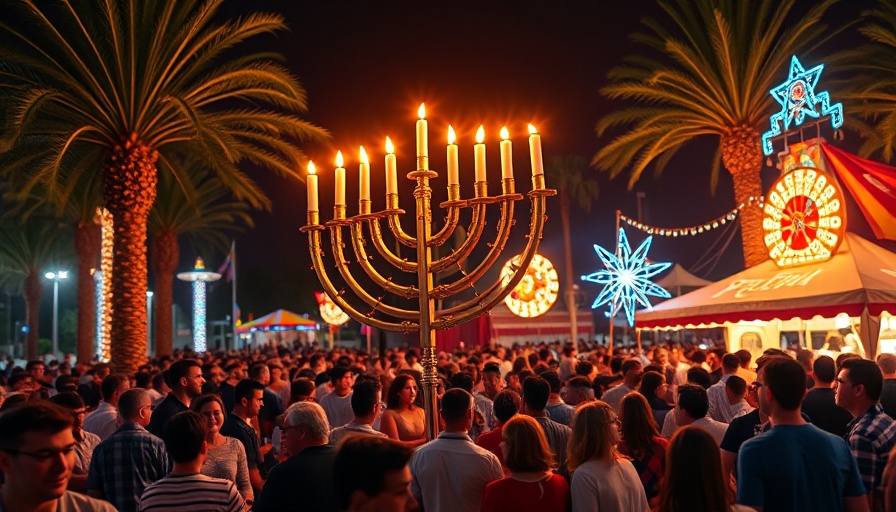 Seal Beach Menorah Lighting during festive night ceremony.