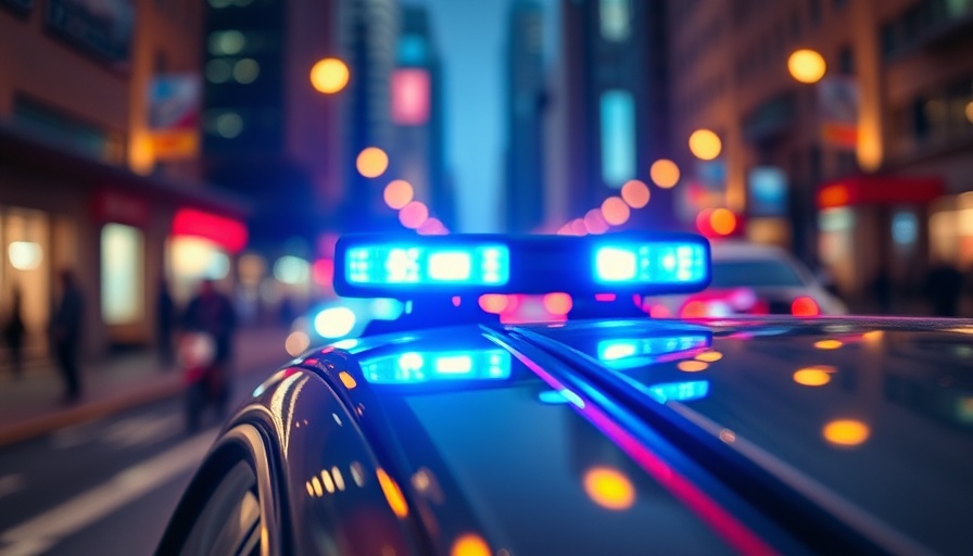 Police car with flashing blue lights during Seal Beach arrest at night.