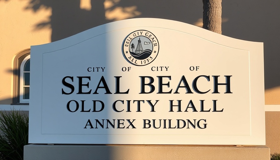 Seal Beach City Hall Annex sign in sunlight, I-405 Improvement Seal Beach