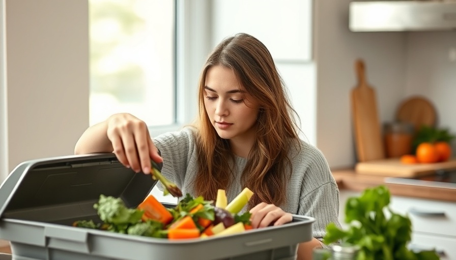 Young woman using composting solutions in a modern kitchen.