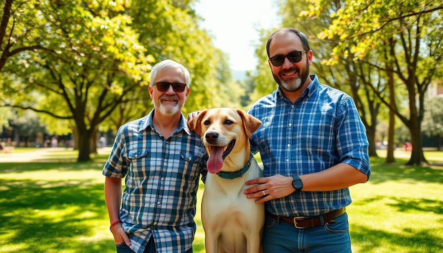 Two men with dog in a sunny park, language learning theme.