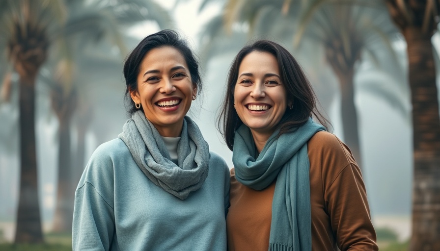 Two women smiling in a misty, palm-lined setting