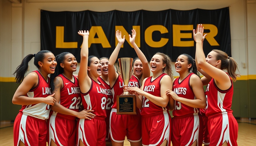 Los Alamitos basketball team celebrating with a trophy.