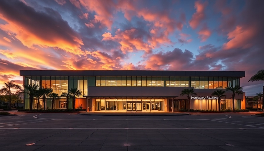 Huntington Beach Library illuminated at night with vibrant sky.