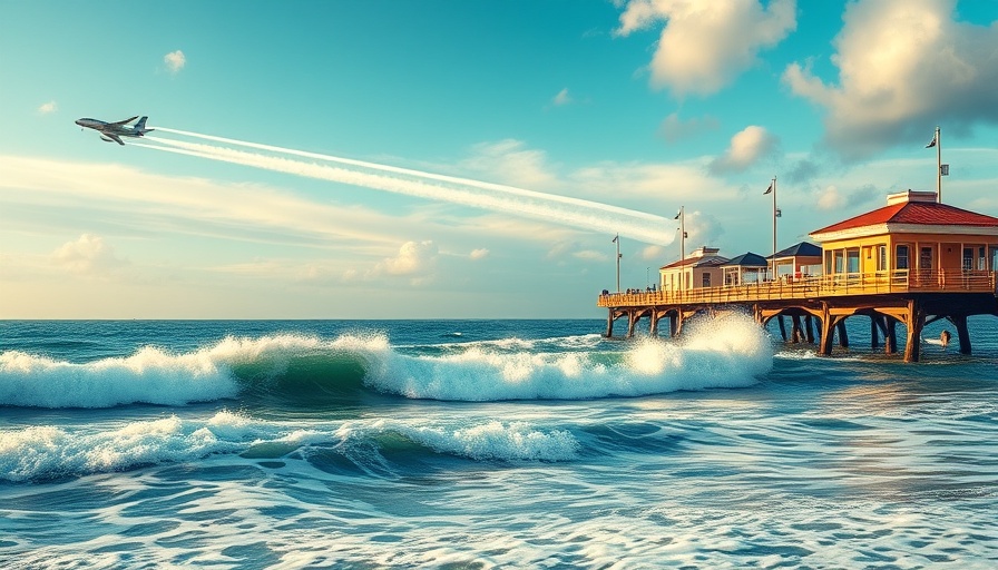 Huntington Beach pier with jet overhead, vibrant coastal scene.