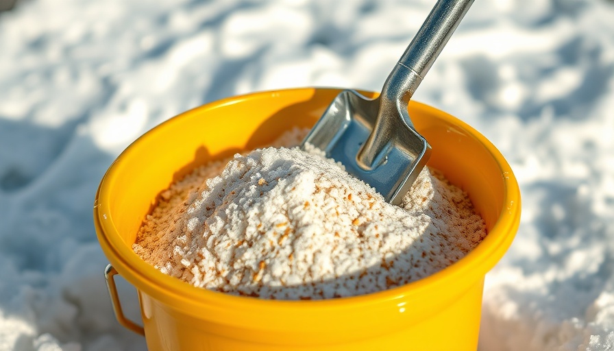 Yellow bucket with salt and sand for lawn repair, winter scene.